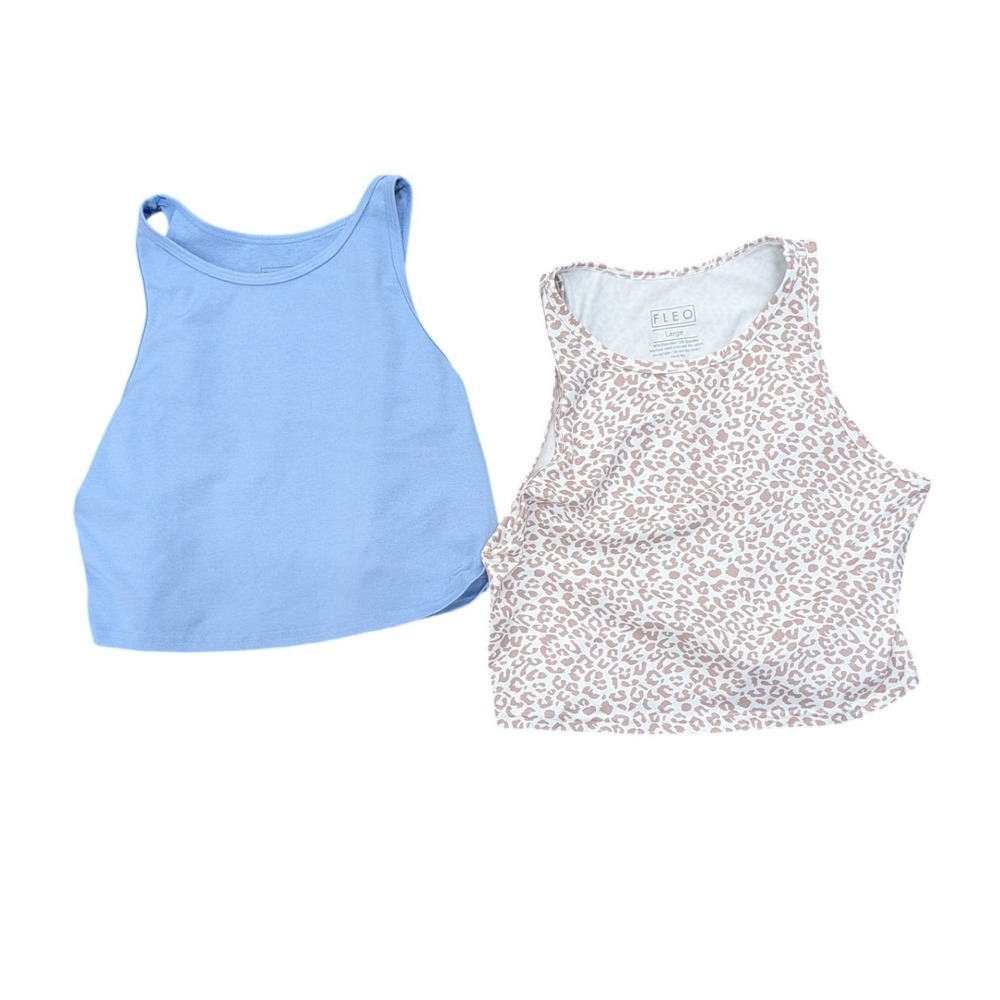 Fleo Lot of 2 Women's Tank Top Bundle Blue Leopard Print Crop Muscle Tank- Large